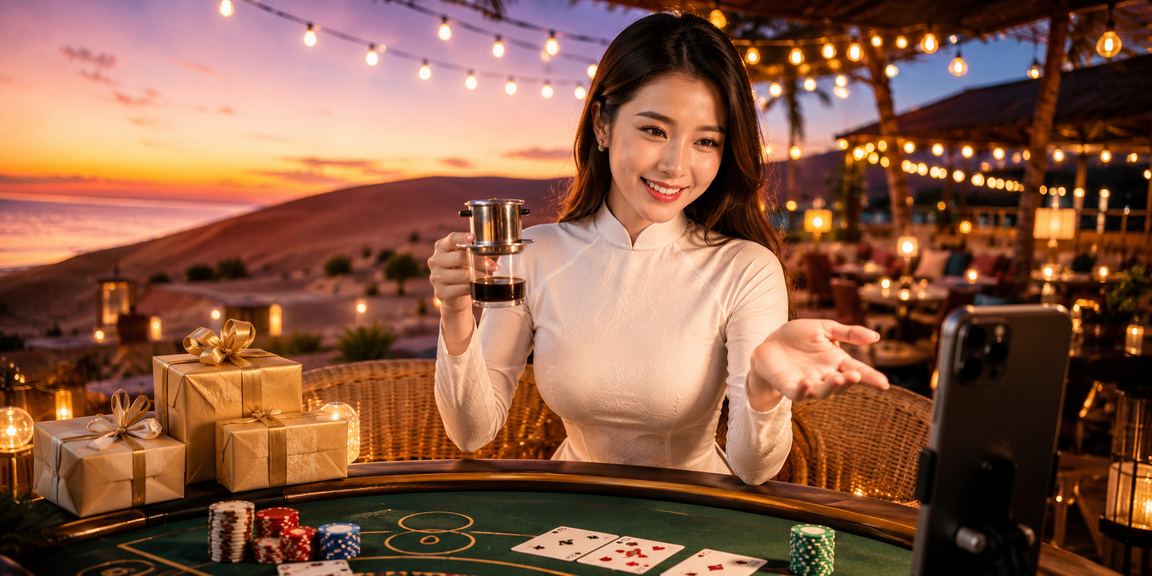 Người phụ nữ mặc áo dài chơi baccarat tại khu nghỉ dưỡng Mũi Né bên bờ biển